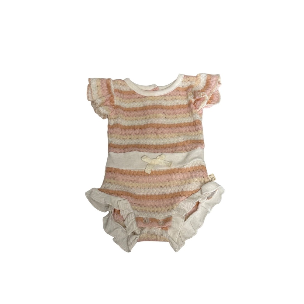 Snug Baby Girl Striped Pointelle Knit Ruffle Romper Bodysuit‎ Pink Orange 0-3M